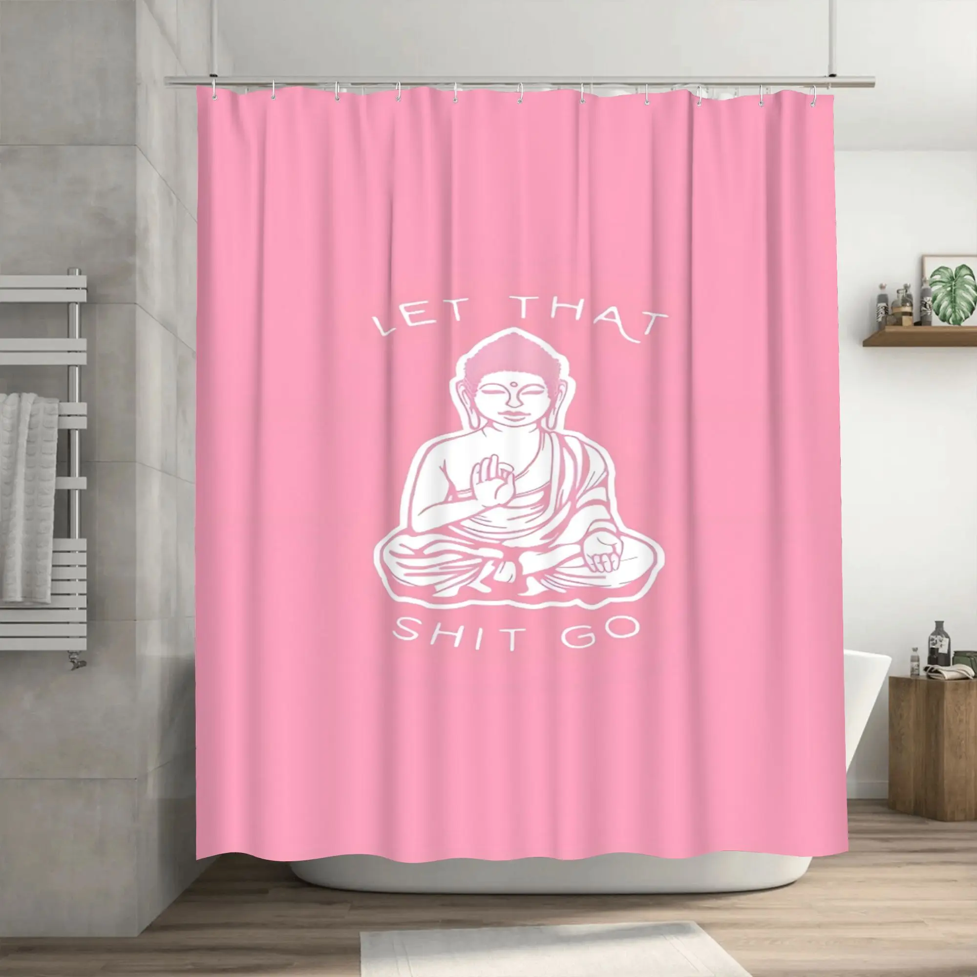 

Занавеска для душа Let It Go, рисунок розового Будды с вдохновляющей цитатой, декор для ванной комнаты, который можно стирать в машине с втулками