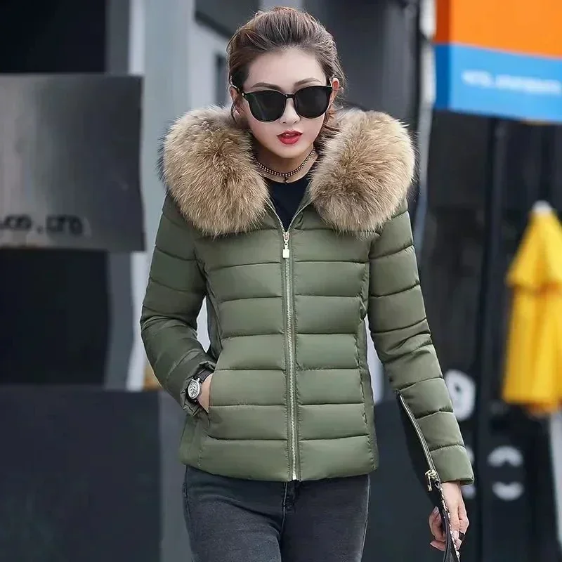 Women\'s Autumn New Fashion Casual Slim Cotton Jacket Faux Fur Collar and Hooded Hooded Warm Jacket Coat Pu Leather Zipper