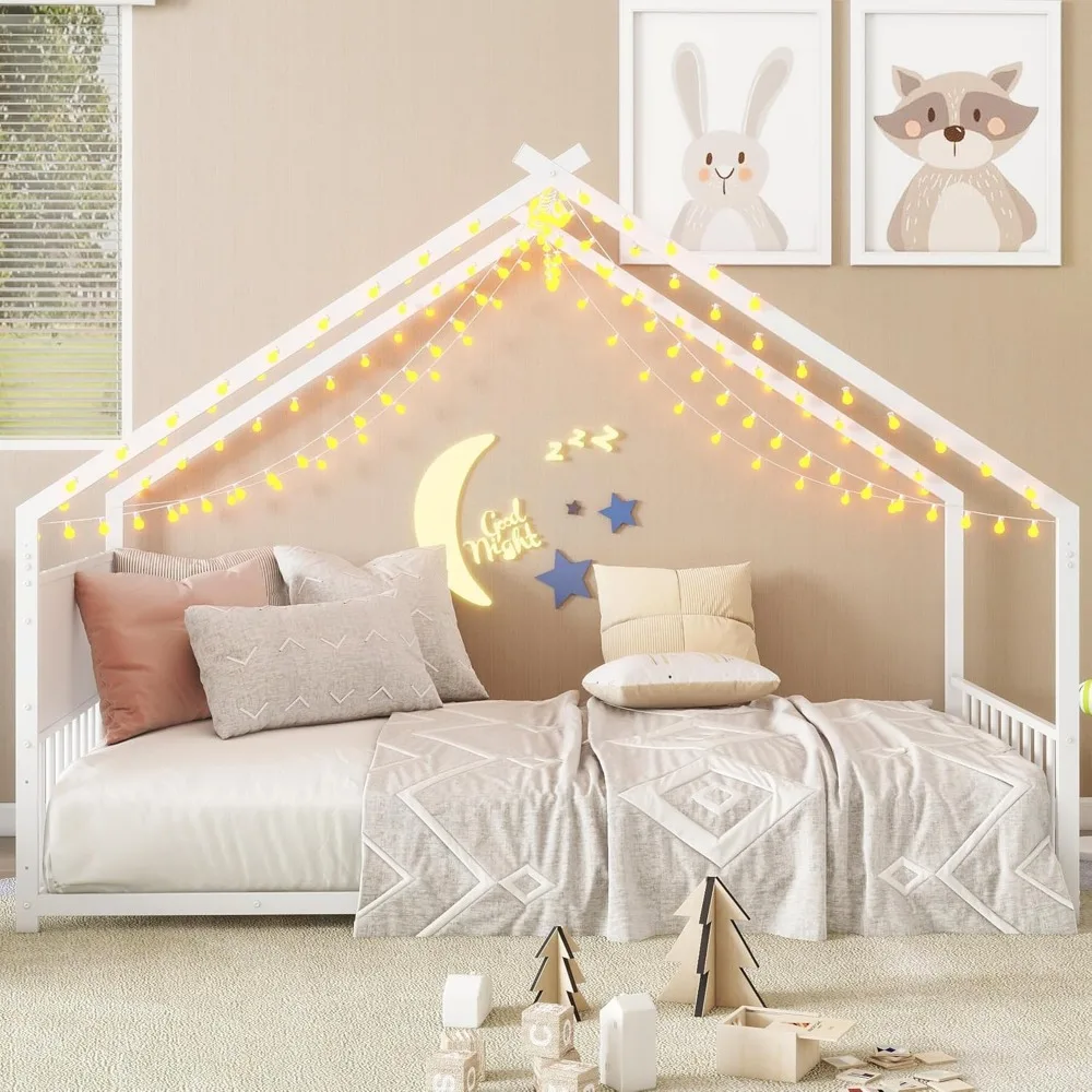 Cama de chão montessori de tamanho duplo com luz LED RGB, cama de chão de casa de tamanho duplo com cabeceira alta e estribo