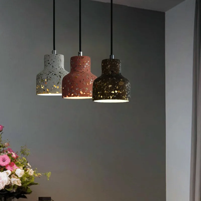 Nordic Style Single Head Color Terrazzo Cement Chandelier Front Desk Bar Lamp for Hotel Milk Tea Shop Bedroom Bedside Lighting