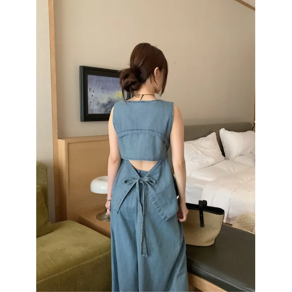 

Comfortable Chic Denim Back-Tied Top Light Blue Casual Pants Women's Fashion Summer Set No Brand Chinese Made No Sleeve