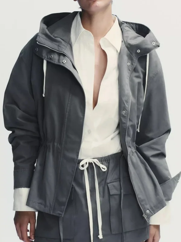 

Осень 2023, женское пригородное свободное пальто-туэт с капюшоном и воротником-стойкой, полиэфирное волокно, обычное тонкое китайское производство