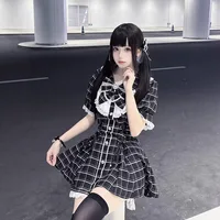 College-Style Retro Gray Plaid Shirt Dress for Women, Summer Sweet Little Girl's Bow Lace Waist-Cinching Short Dress 5