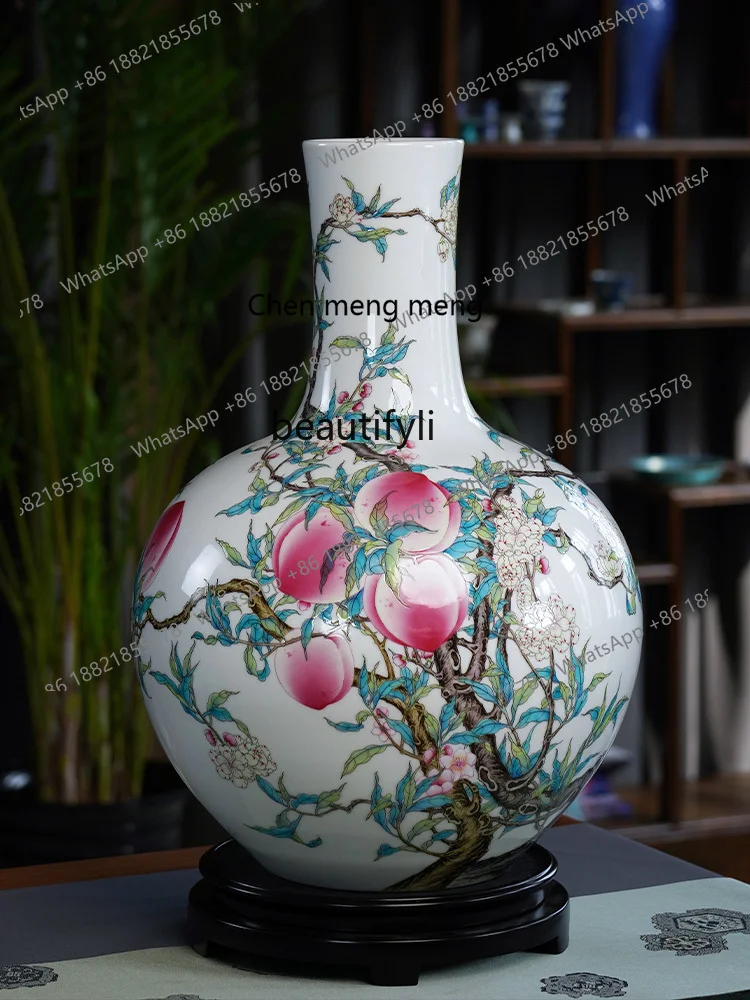 X Ningfeng Kiln Jingdezhen Ceramic Antique Large Vase Pink Nine Peach Celestial Globe Vase High Ornament Decoration