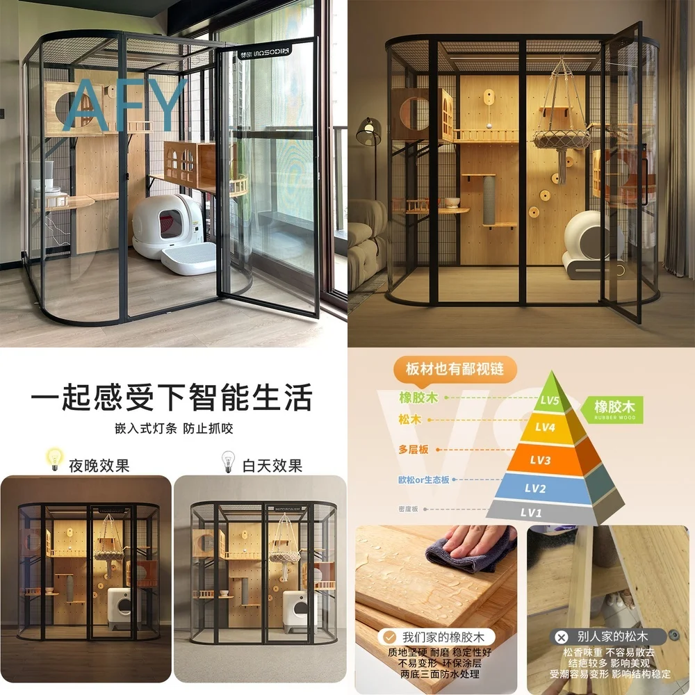 Extra Large Panoramic Cat Tree House for Indoor Cats with Glass Panels Luxury Spacious Catio Enclosure for Felines Play and