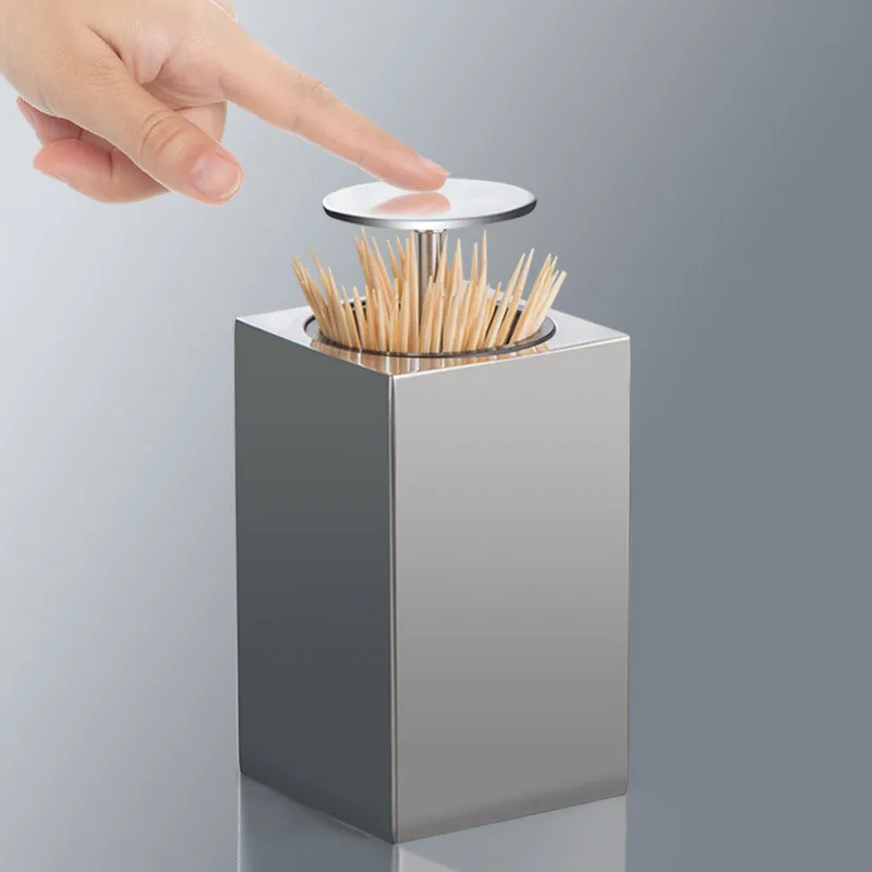 304 Stainless Steel Toothpick Holder Storage Box Press Bracket Automatic Spring Cover Cotton Swab Storage Box Home Decoration