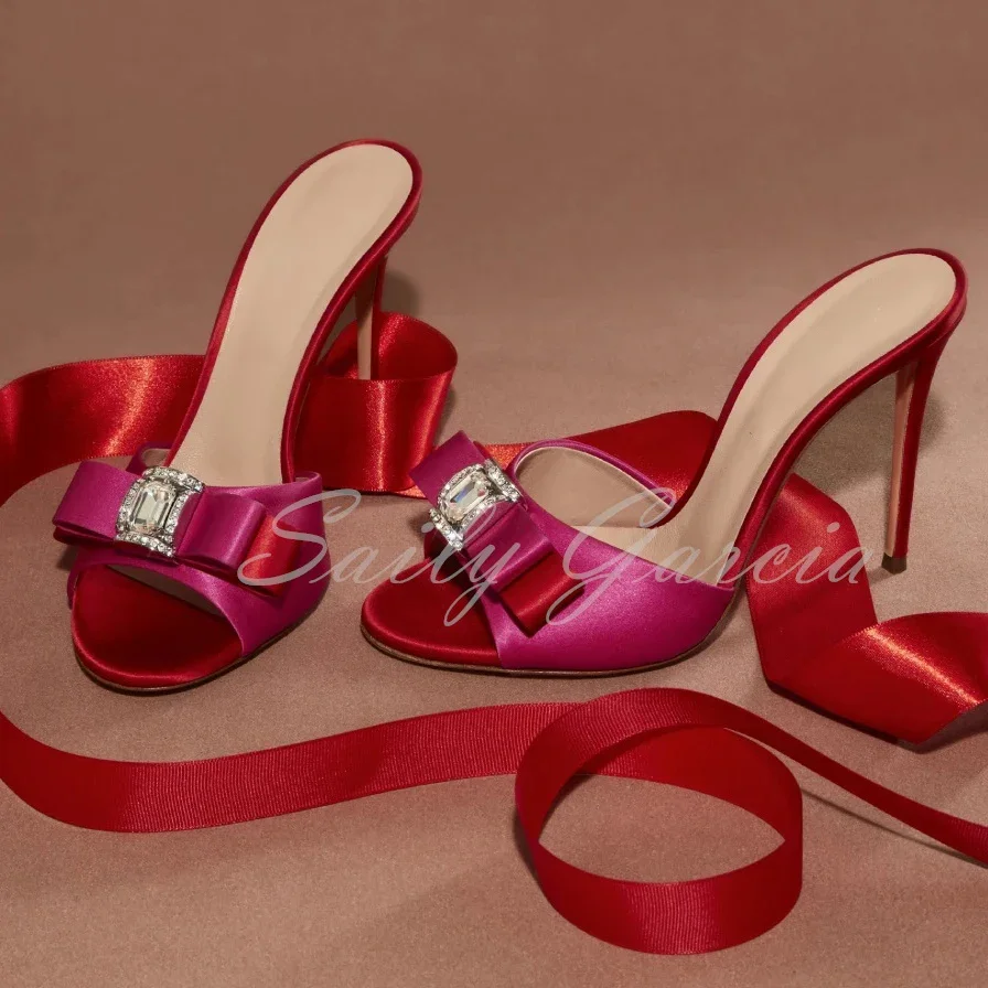 

Pink Heeled Mule Women Leather Round Toe Unique Decorative Bow Red Stilettos Sparkling Embellishment Luxurious Dress Slippers