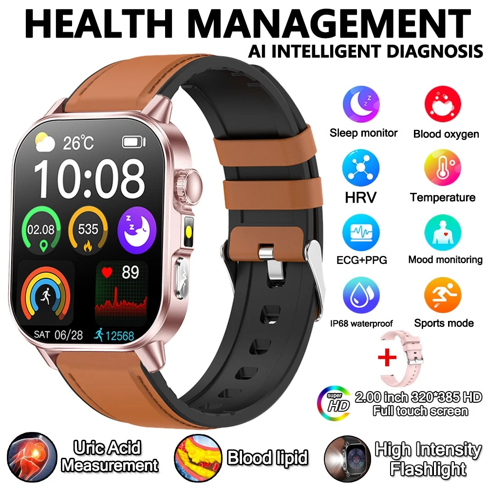 2026 Nieuwe Gezondheid Verpleging Grade Smart Horloge Mannen Bloedlipiden Urinezuur Tracker ECG + PPG Klok Bluetooth Oproep Smartwatches Mannen vrouwen