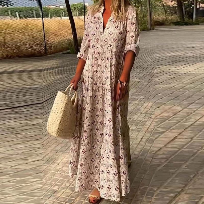 Vintage Female Stand Collar Shirt Beach Dress Casual Loose Long Sleeve Boho Maxi Dress Summer Fashion Print Women Party Dresses