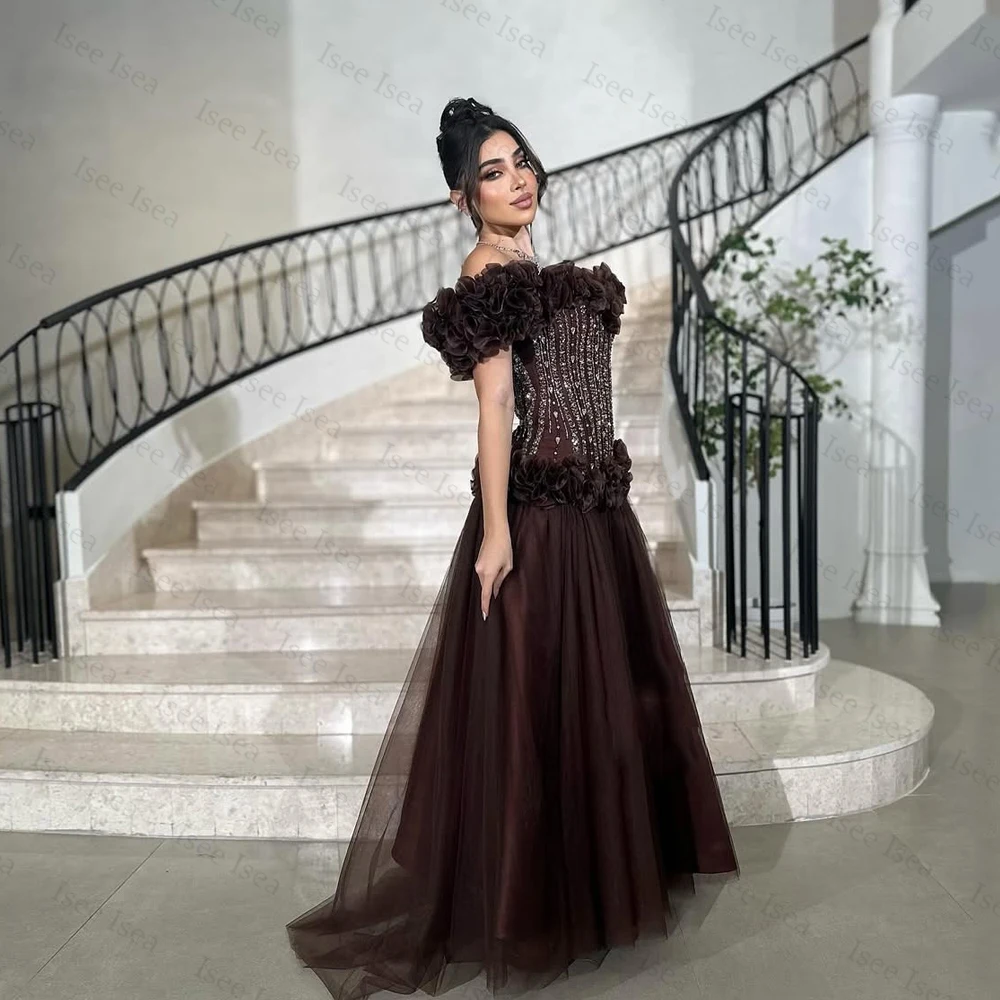 Customized Dubai Off Shoulder Evening Dresses Rhinestone Flower Crystal فساتين سهرات Brown Formal Occasion Dresses