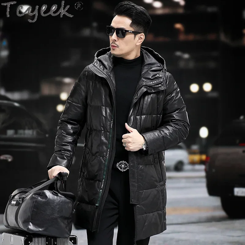 Tcyeek Genuine Leather Jacket Men Winter Jackets Mid-length Top Layer Cowhide Coats Warm Goose Down Coat Mens Clothing Hooded