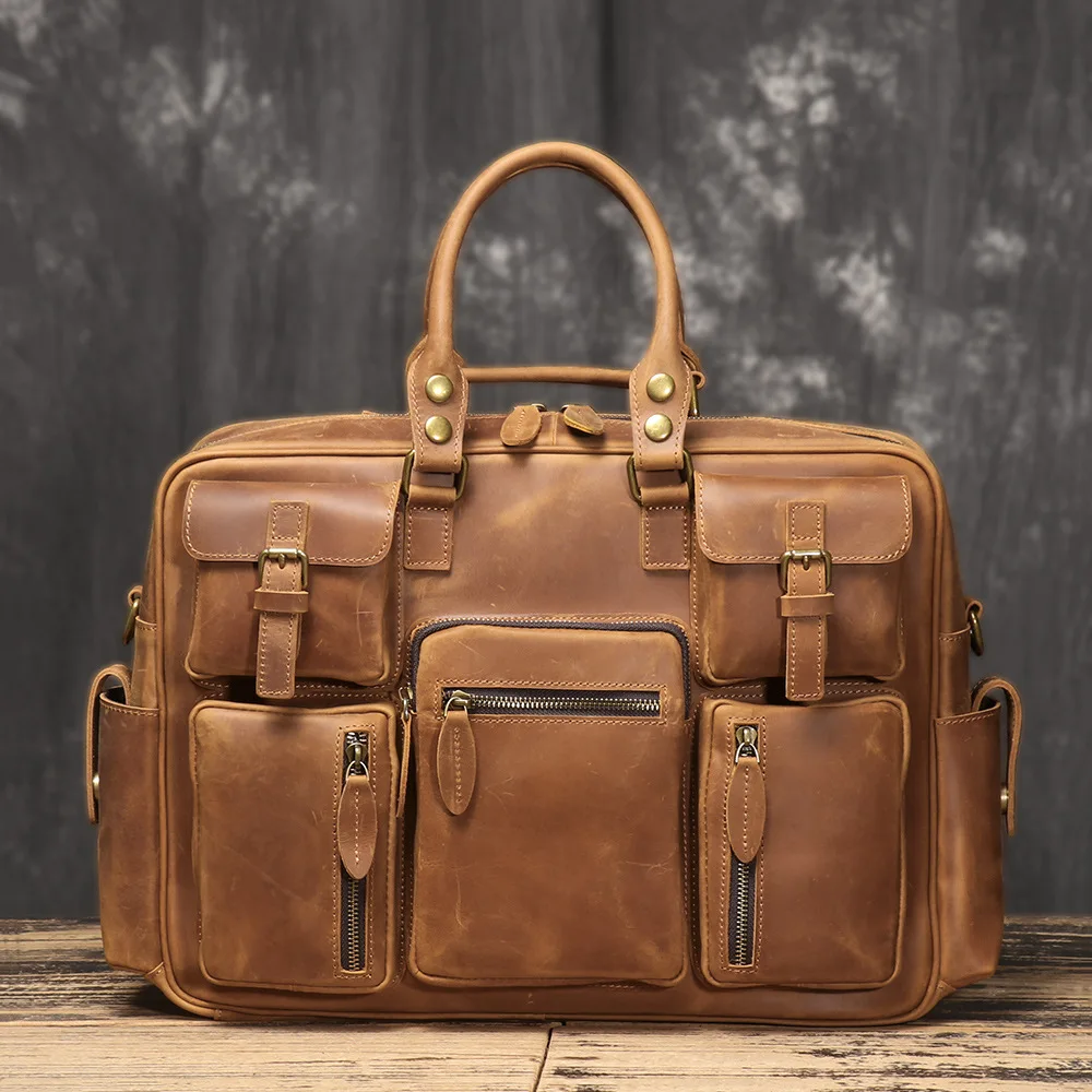 New Vintage Large-Capacity Shoulder Bag, Fashionable Crazy Horse Leather Business Men's Briefcase, 17-Inch Laptop Bag