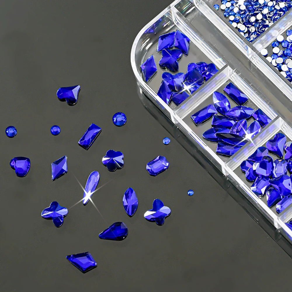 12 Grids Sapphire Blue Flat Nail Art Rhinestones Multi-Shaped Christmas Crystal Glass Gems Nail Charms DIY Manicure Decoration
