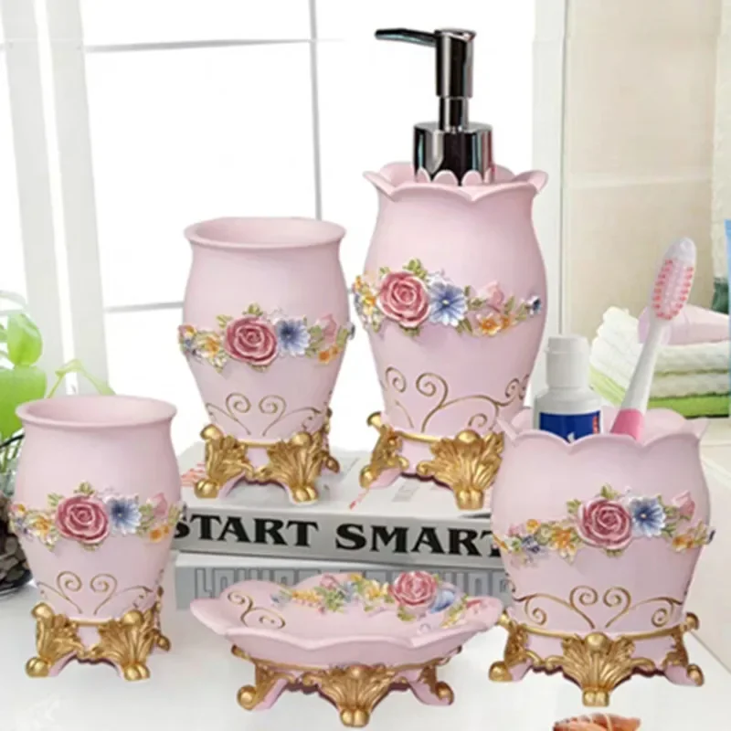 Wedding Gift Bathroom Set- Pink Accessories Kit-Red Resin Five-piece Set-Soap Dispenser-Toothbrush Holder