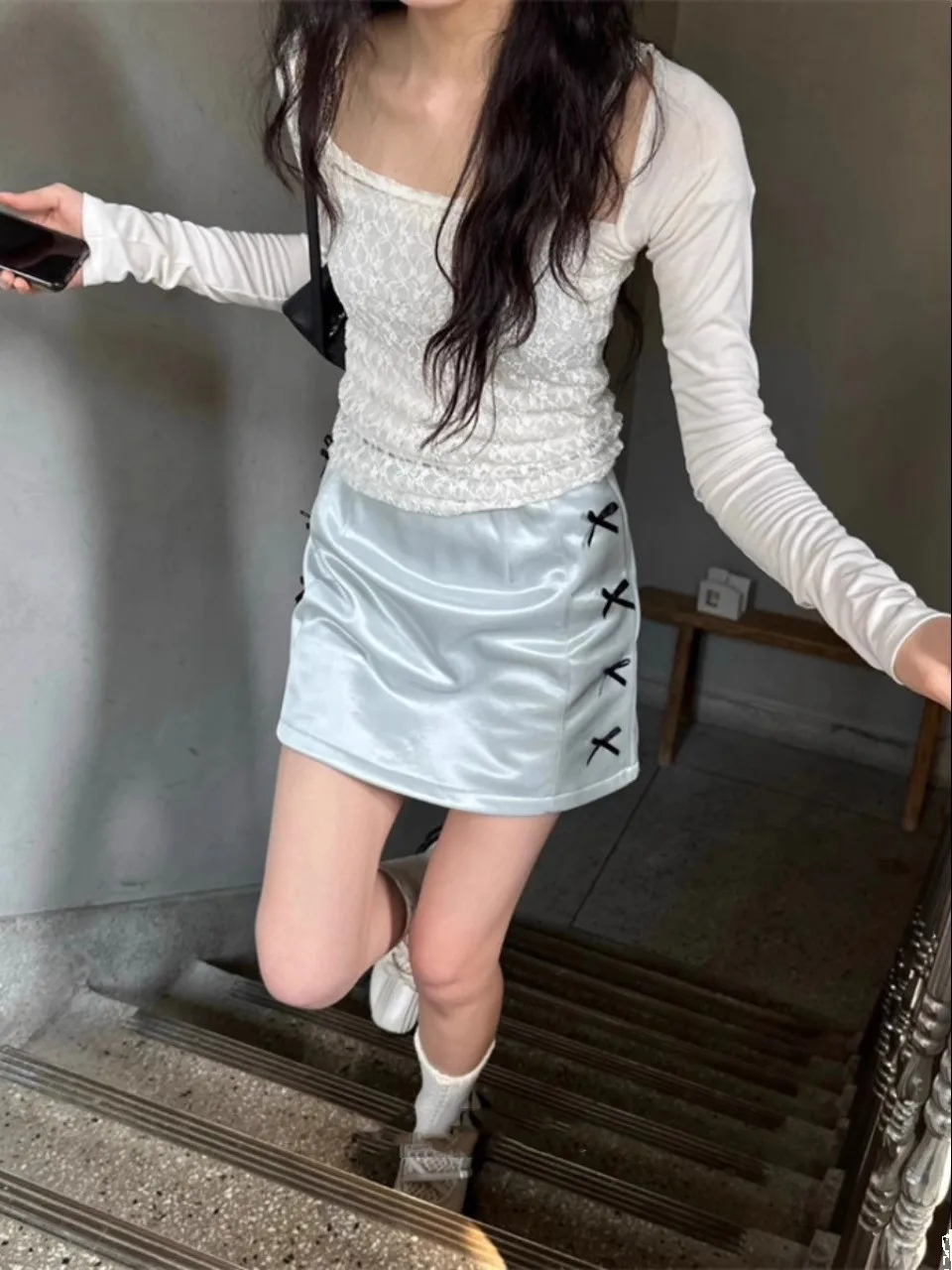 

Exclusive A-Line Skirt Satin Glossy Knot Versatile High Waist Commute Sle ort Skirts for Women