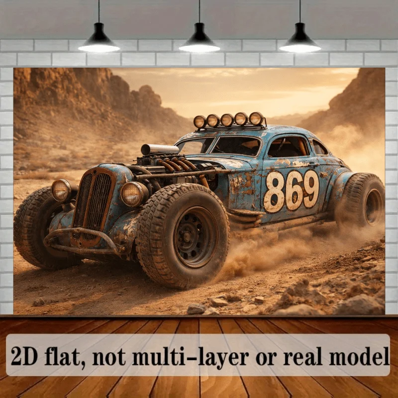 2D planar off-road racing theme banner background - Retro modified racing car theme