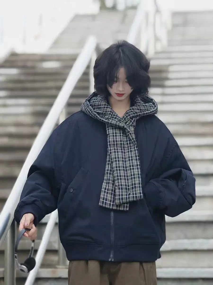 

Retro Japanese Sle Winter Cotton Jaet with Hat And Scarf Warm Flight Loose ex Trendy Polyester Fiber Fill Coat