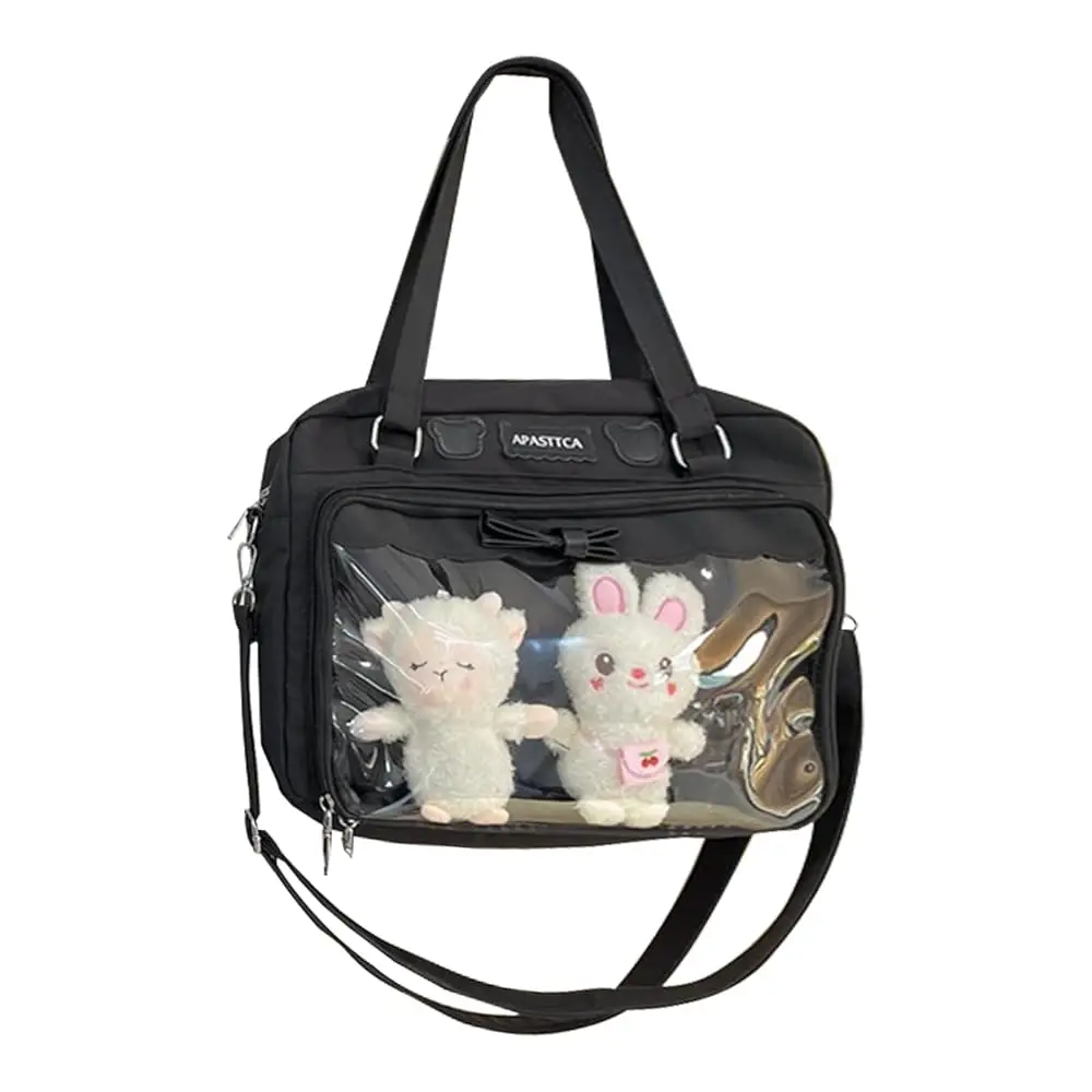 

Ita Bag Kawaii Crossbody Bags Japanese Messenger Purse Clear Window & 2 Cute Plush Dolls for Women Black