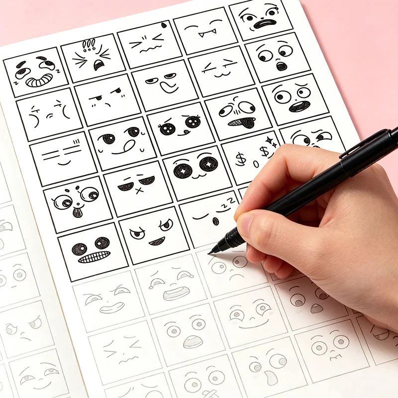 Cute Facial Expression Tracking Picture Book, Various Cartoon Facial Line Art Patterns, Beginner Hand Drawn Practice Sketchbook