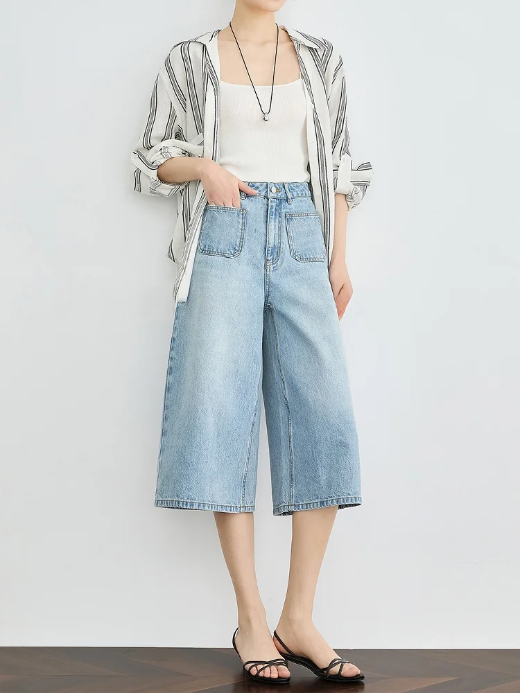 

Джинсы FALIN женские свободные синие с высокой талией, прямые, укороченные, повседневные, из хлопка, летние