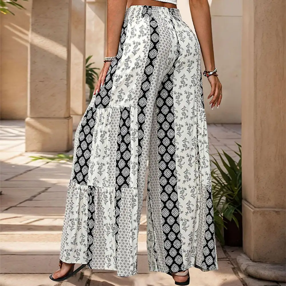 

Comfortable Trousers Ethnic Style Lace-up Beach Trousers for Women Loose Fit Wide Leg Pants with High Waist Summer Knot Trousers