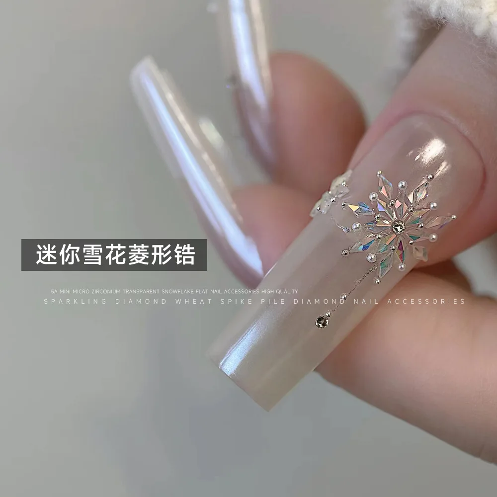 Copo de nieve Mini diamante taladro de uñas fondo plano brillante 1,5*3mm Premium diamante plata accesorios de uñas de Navidad