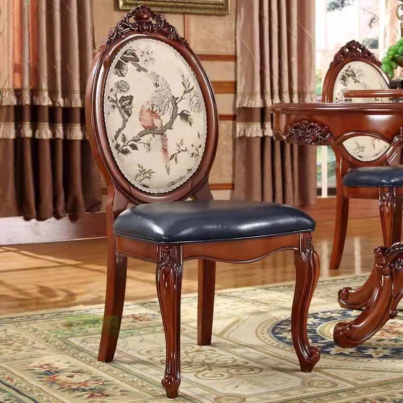 Silla de comedor de tela tallada de madera maciza, muebles de habitación, silla suave Europea oscura