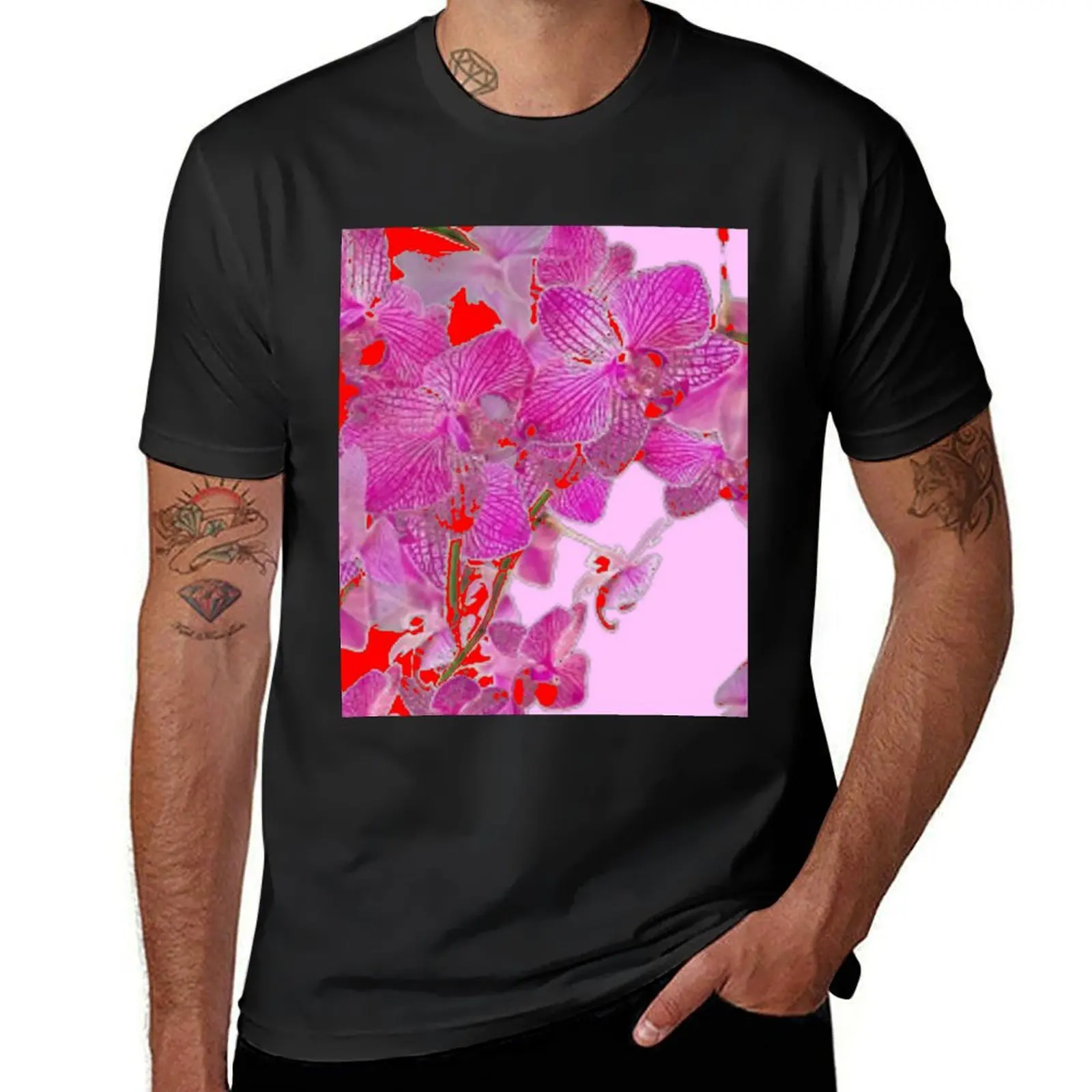 PRETTY DECORATIVE PINK ORCHIDS FLOWER PATTERNS RED ART T-Shirt plain hippie clothes plain black t shirts men