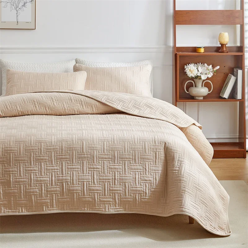 3pcs set, Quilted Cotton Bedspread, solid color ultrasonic quilted bedsheet, lightweight quilted king queen size bed cover