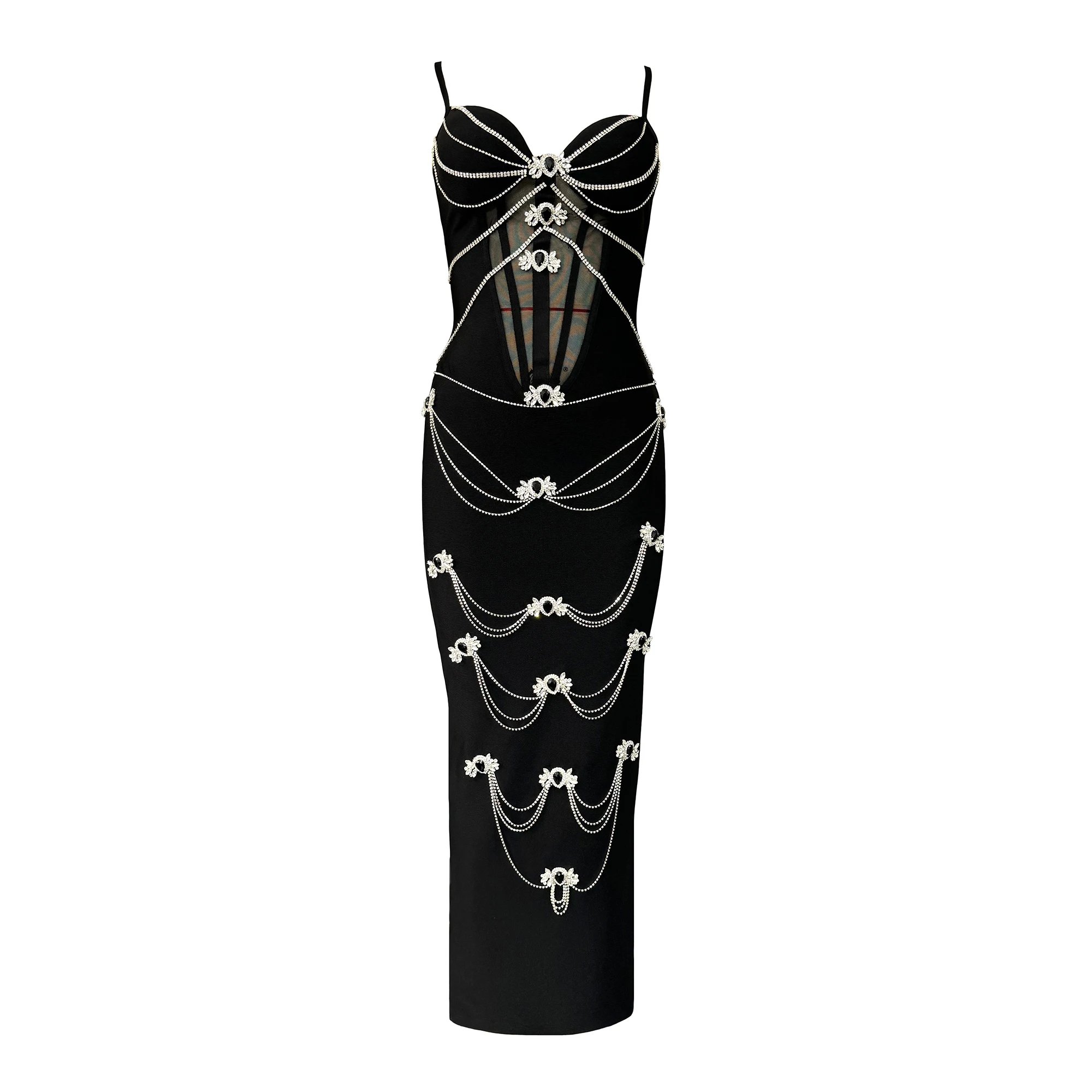 Sexy Spaghetti Strap Diamonds Bandage Dress Mesh Patchwork Women Clothes Club Party Evening Elegant Dresses
