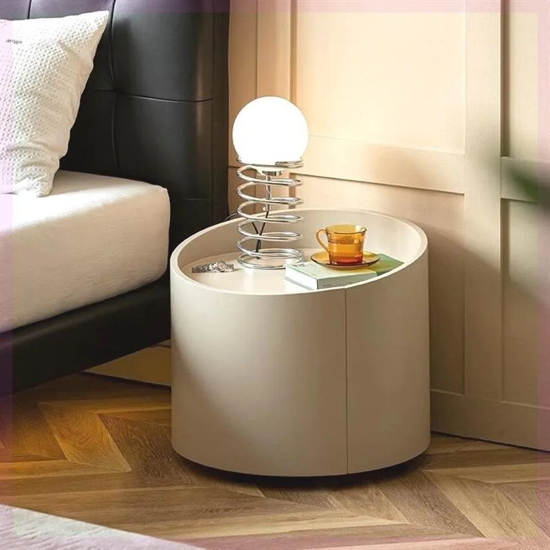 All solid wood bedside table, solid wood French cream style minimalist paint round bedside table