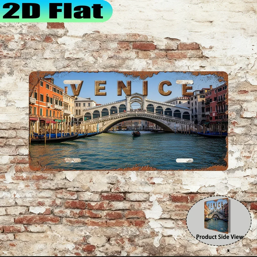 Italy Venice Rialto Bridge & Gondola 2D Flat Printing License Plate Style Metal Tin Sign, Canal City Themed Decorative Aluminum