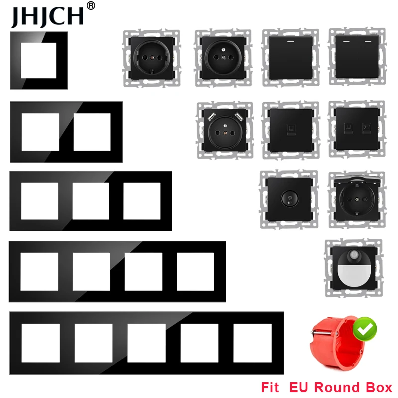 Jhjch módulo montado en la pared, enchufe de panel de cristal templado negro, estándar europeo, interruptor de luz LED, función de botón, combi