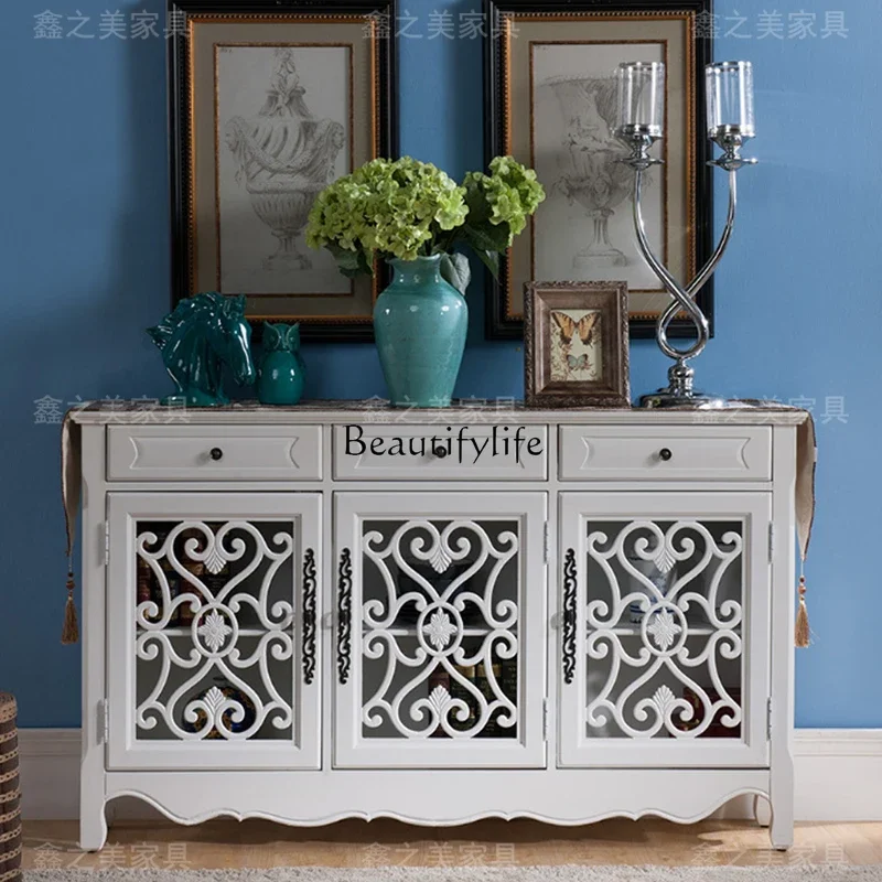 

3American rural retro dining side cabinet solid wood multi-layer mysterious storage entrance hollow tea cabinet