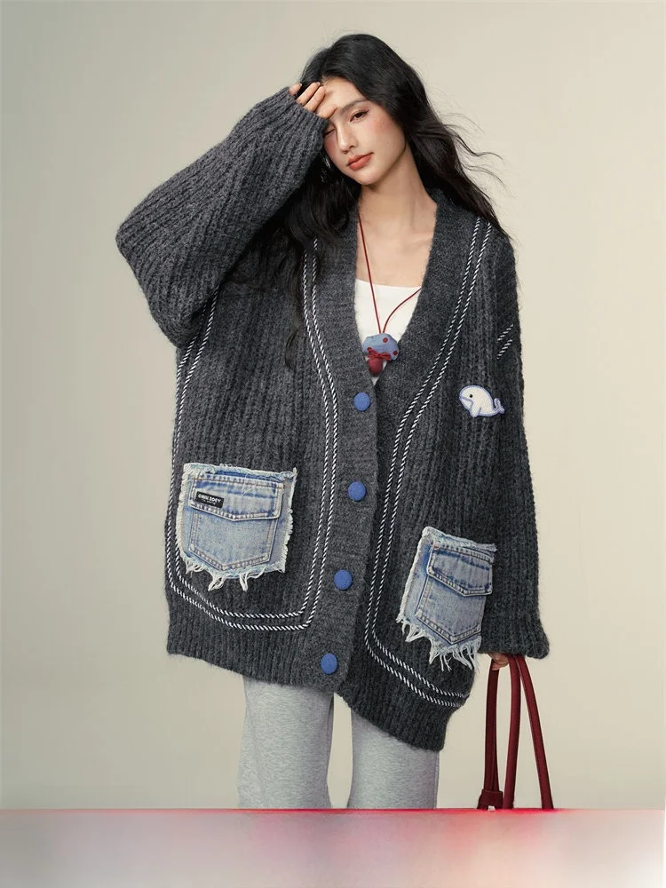 

Chill Zoe Art Journey Color Blo Open Cardigan Women's Knitted Sweater Jaet Loose Fit V-Ne Long Sve Regular Thin