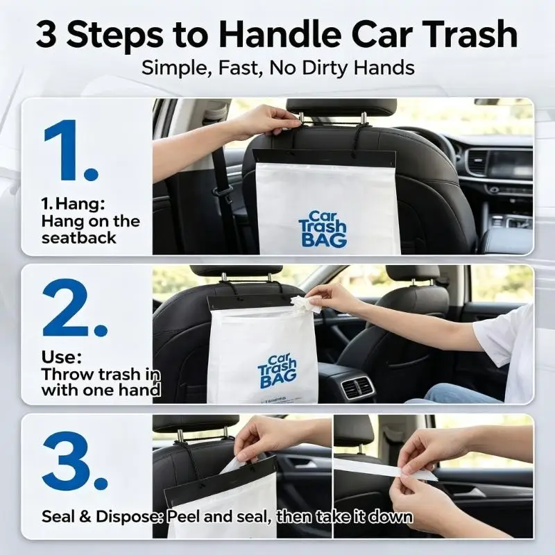 31BC Leak Resistant Car Litter Bags with Drawstring, Adhesive Closure Disposable Plastic Liners for Commuters, Carpools and