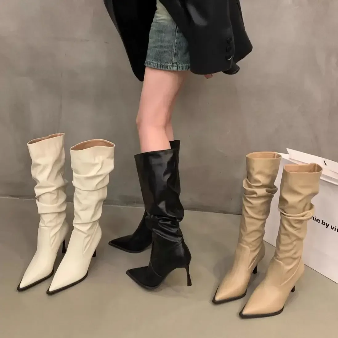Plissierte Spitze Damen Langstiefel Street-Style High Heels Party-Stripper Damen Leder High Booties – Detail 3