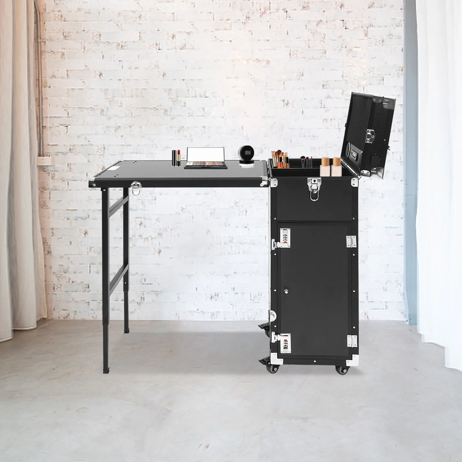 Czarny wózek kosmetyczny z Bluetooth, 2 wbudowanymi głośnikami, wieloma przegródkami do przechowywania, składanym stołem + 4 szuflady, długość 180 cm, zasilany.