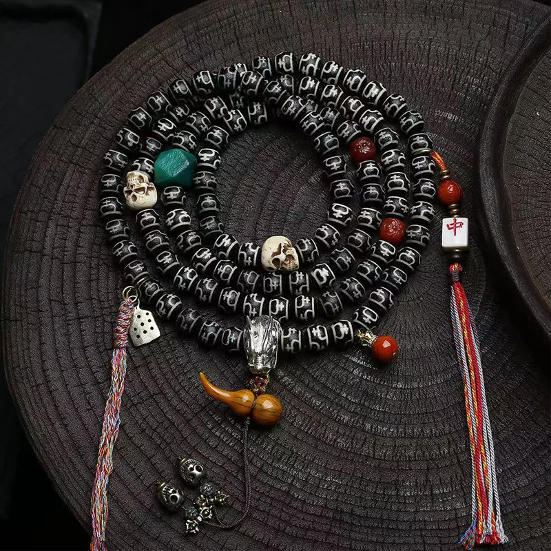 

Natural Agate Bottle-Shaped Tianzu Necklace Reclaimed Bone Gourd Pendant South Red Lotus-Patterned Buddhist Prayer Beads