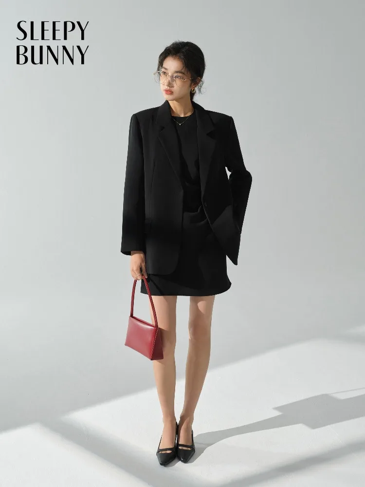

Elegant Black Blazer and Dress Set Office Outfit Loose Split Hem Suit Jacket with Dress Chic Business Casual Commuting Wear