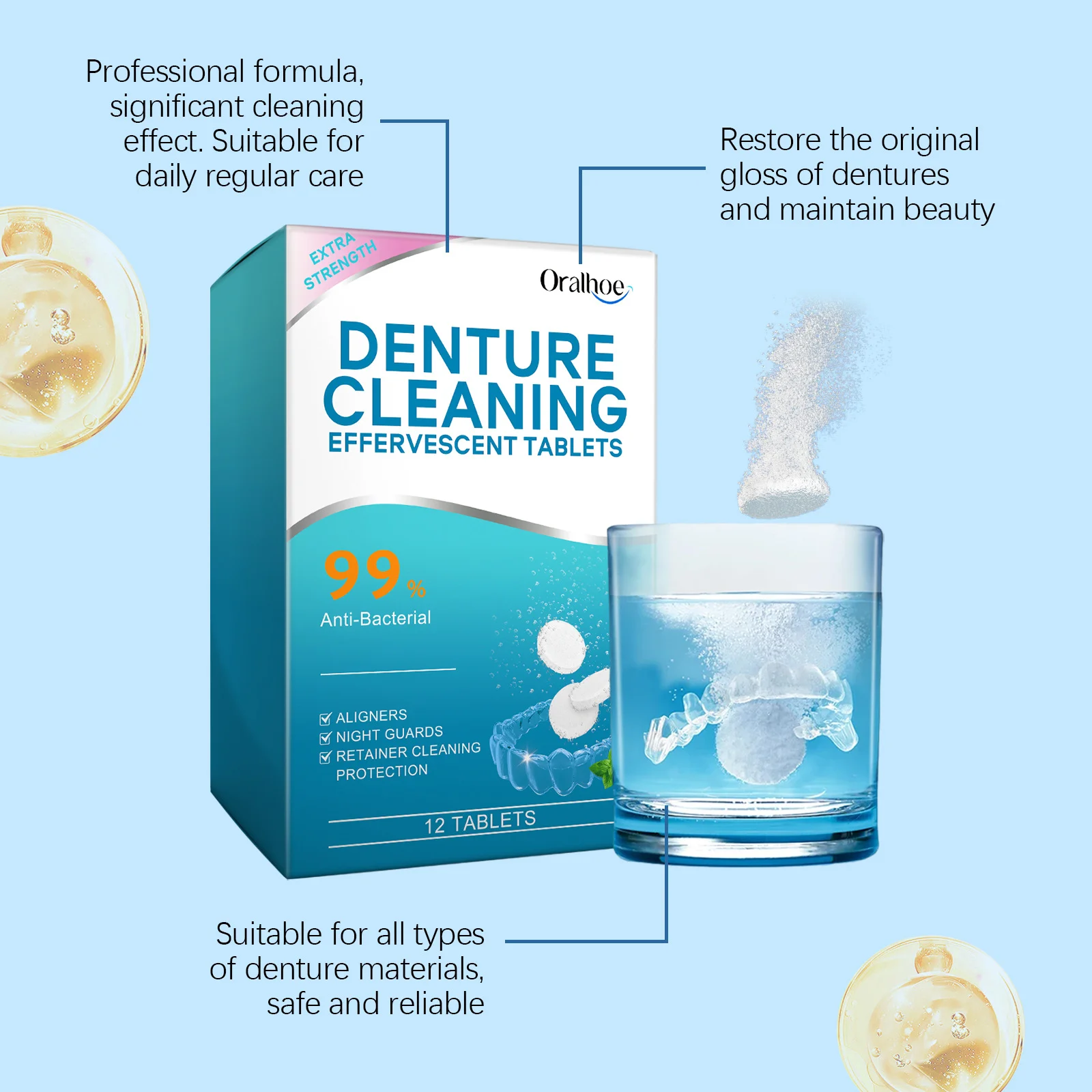 Denture Cleaning Tablets Whitening Removing Stains Plaque Fresh Breath Antibacterial Portable False Teeth Effervescent Pills
