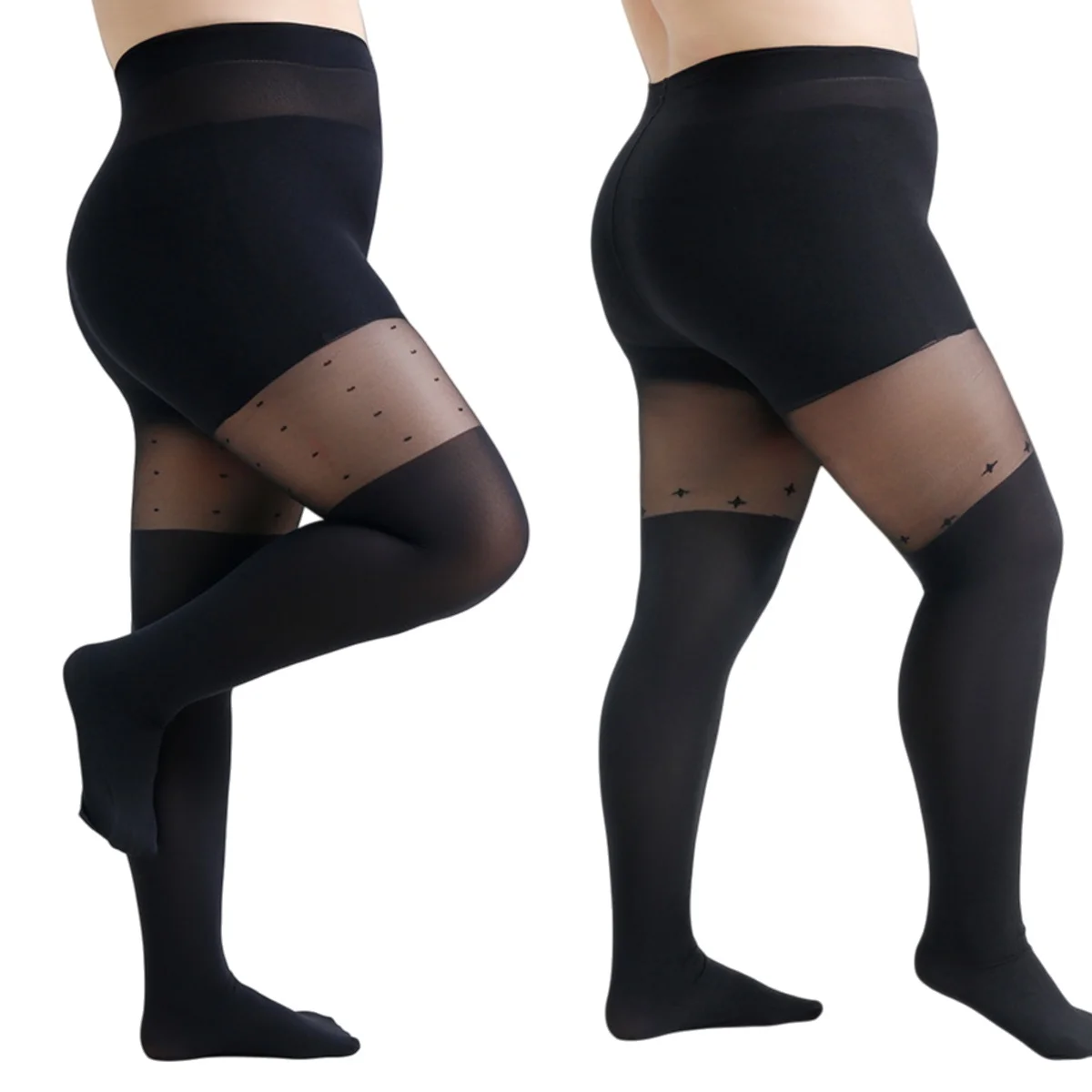 Fashion Women's Plus Size 4XL Black Polka Dot Pattern Small Star Pattern Over-Knee Effect Tights Extra Large Semi-sheer Nylons