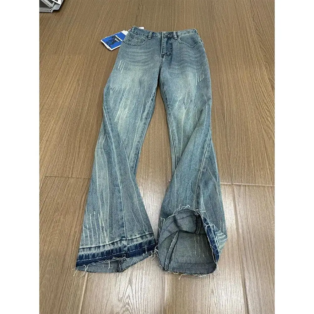 

Ретро-джинсы с синим узором в виде молний, мужские и женские, в американском уличном стиле, CleanFit, прямые, слегка расклешенные, с эффектом микроклеш