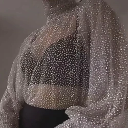 Elegant Turtleneck Sequin Shiny Party Blouse Women 2024 Spring See Through Mesh Lace Top Summer Lantern Sleeve Office Lady Shirt