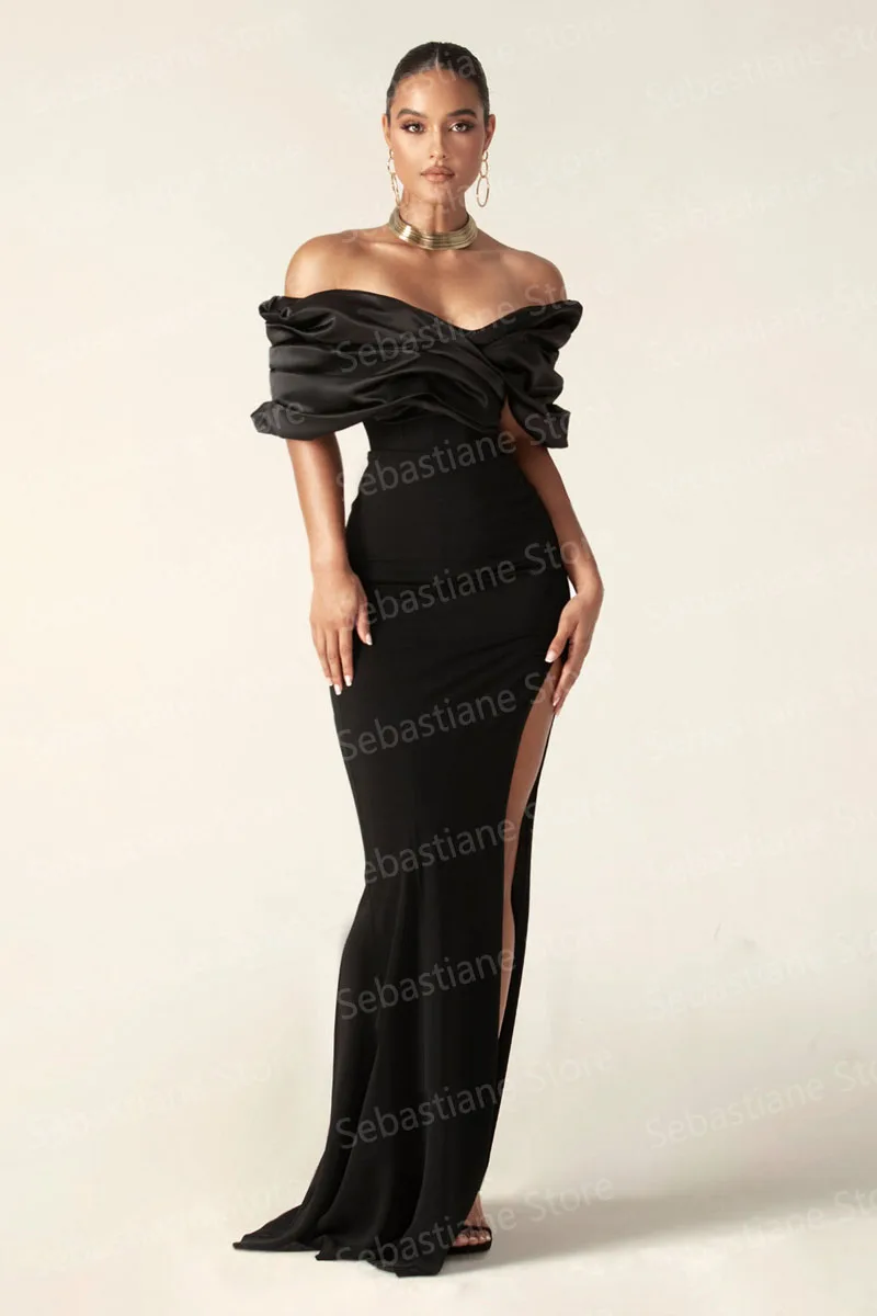 Black Simple Elegant Mermaid Evening Dresses Satin Pleated Off Shoulder Split Women Formal Prom Pageant Gowns Custom Made