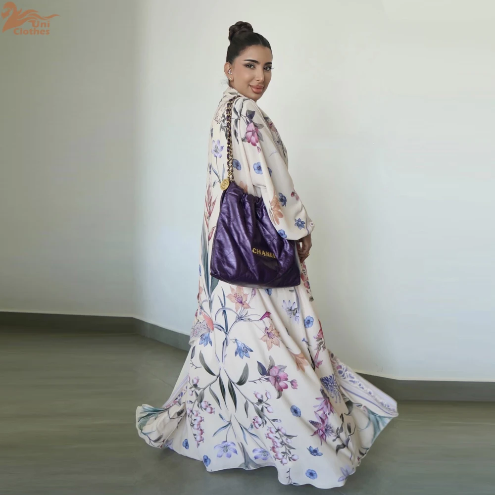 2025 Summer Dubai Abaya 2 Piece Set Floral Cardigan with Hijab for Muslim Women Islamic Eid Ramadan Arabic Clothing