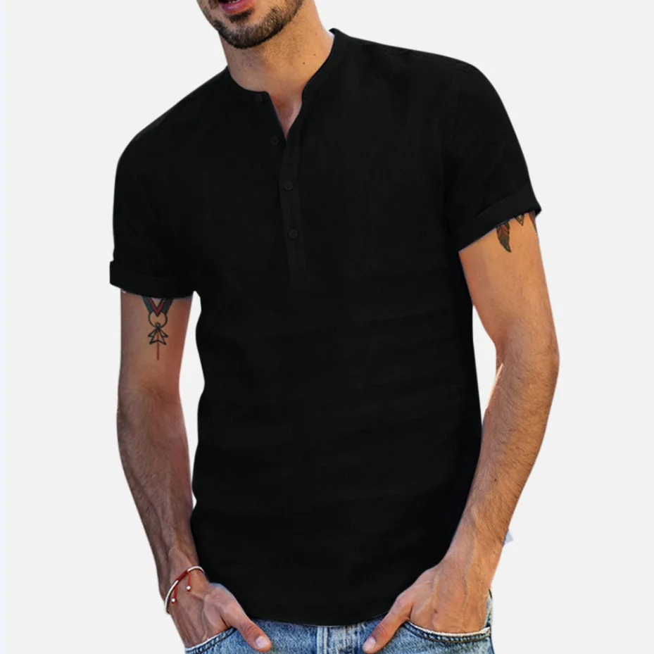 Men's Stanollar V-Neck Tonal Linen Shirt Autumn Special Wide Fit Fleece Lined Thickened  Collar Nine Sleeve Length