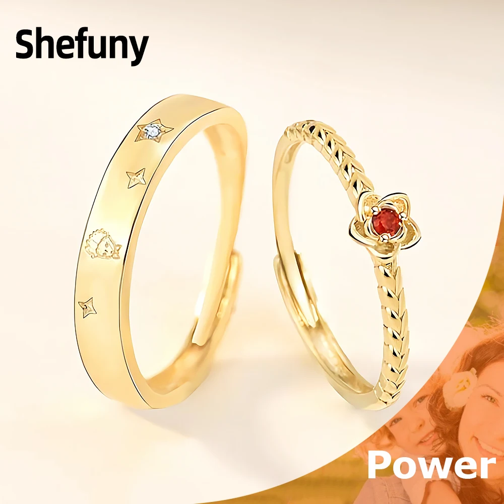 925 Sterling Silver Prince Adjustable Lovers Finger Rings Red Cubic Zircon Flower Open Size Couple Rings For Women Fine Jewelry