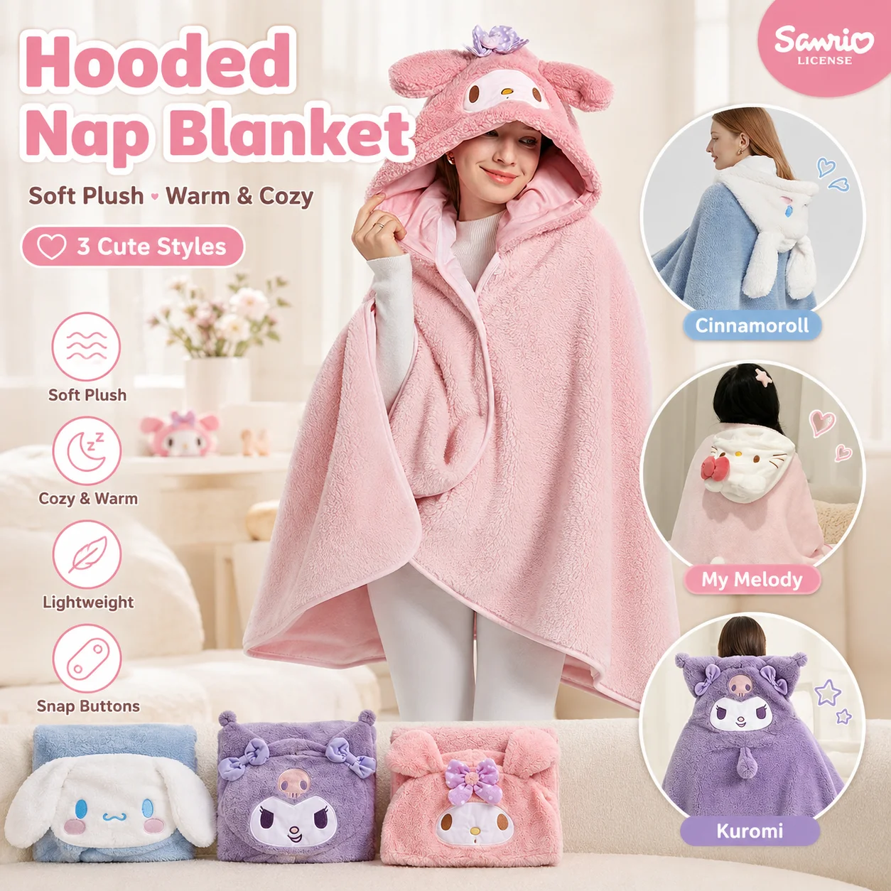 

Sanrio Kuromi My Melody Hooded Blanket Kawaii Cartoon Plush Cloak Throw Blanket Soft Warm Wearable Nap Blanket for Home Office