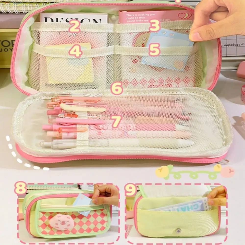 Creative Cute Design Capybara Pen Bag Multi-layer INS Checkered Stationery Bag Aesthetic Large Capacity Plaid Pencil Case Gift